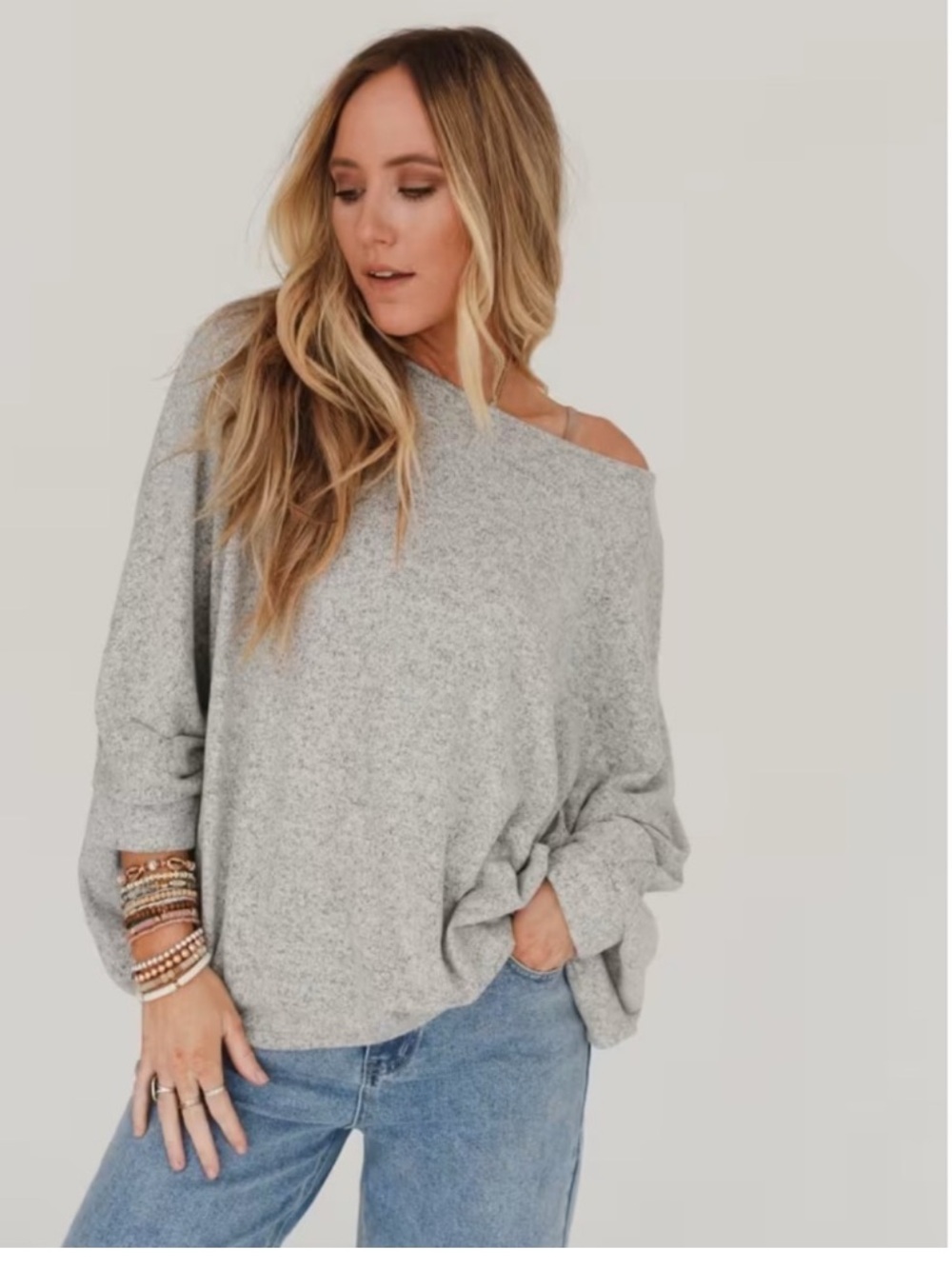 NWT Three Bird Nest FLY WITH ME BATWING SLEEVE KNIT SWEATER Size Large Grey
